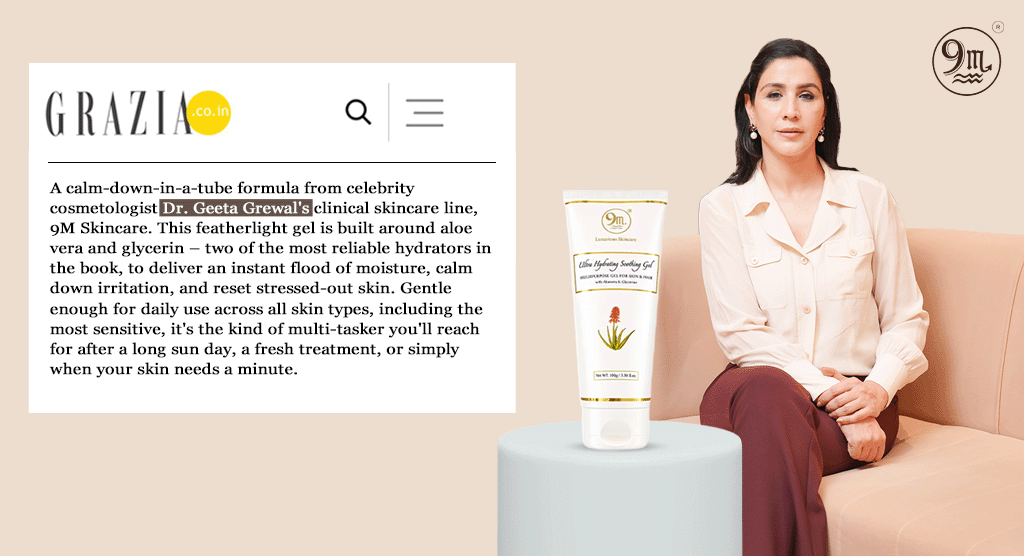 Magazine-style article snippet on left with a skincare product on a pedestal, and a woman seated on a beige sofa on the right against a pale background.