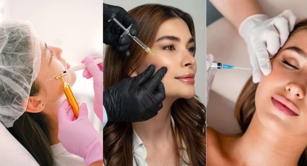 Triptych of cosmetic facial injections: lip fillers on the left, cheek filler in the middle, and lip augmentation on the right.