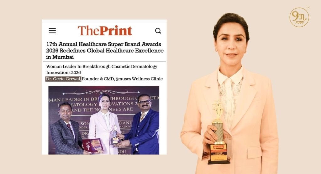 Professional woman in a peach blazer holding a trophy, standing beside a newspaper screenshot on a beige background.